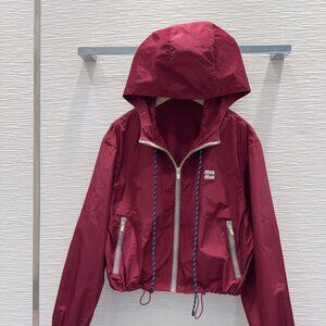 MIU MIU Women's Drawstring Hooded Zipper Long-Sleeved Short Jacket